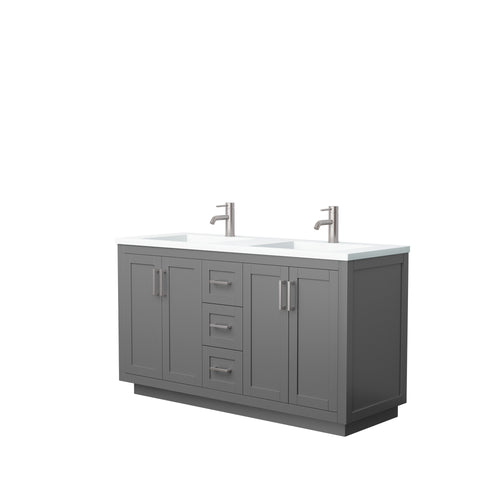 Wyndham Miranda 60 Inch Double Bathroom Vanity in Dark Gray, 1.25 Inch Thick Matte White Solid Surface Countertop, Integrated Sinks, Brushed Nickel Trim- Wyndham