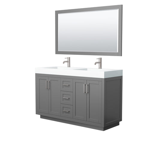 Wyndham Miranda 60 Inch Double Bathroom Vanity in Dark Gray, 4 Inch Thick Matte White Solid Surface Countertop, Integrated Sinks, Brushed Nickel Trim, 58 Inch Mirror- Wyndham