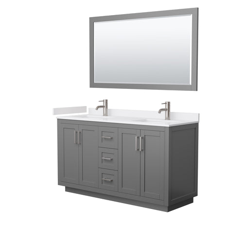 Wyndham Miranda 60 Inch Double Bathroom Vanity in Dark Gray, White Cultured Marble Countertop, Undermount Square Sinks, Brushed Nickel Trim, 58 Inch Mirror- Wyndham