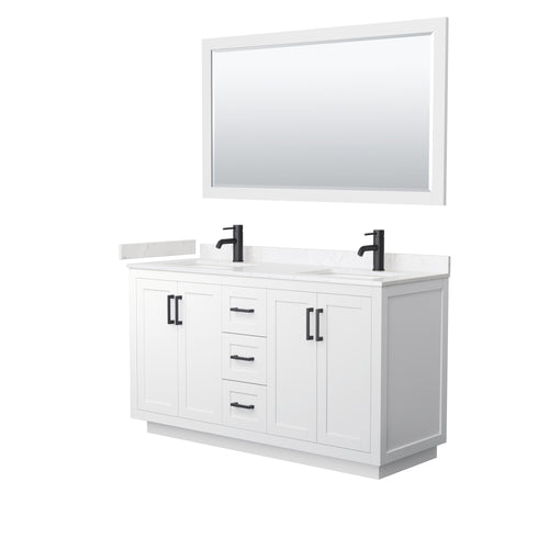 Wyndham Miranda 60 Inch Double Bathroom Vanity in White, Light-Vein Carrara Cultured Marble Countertop, Undermount Square Sinks, Matte Black Trim, 58 Inch Mirror- Wyndham