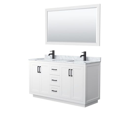 Wyndham Miranda 60 Inch Double Bathroom Vanity in White, White Carrara Marble Countertop, Undermount Square Sinks, Matte Black Trim, 58 Inch Mirror- Wyndham