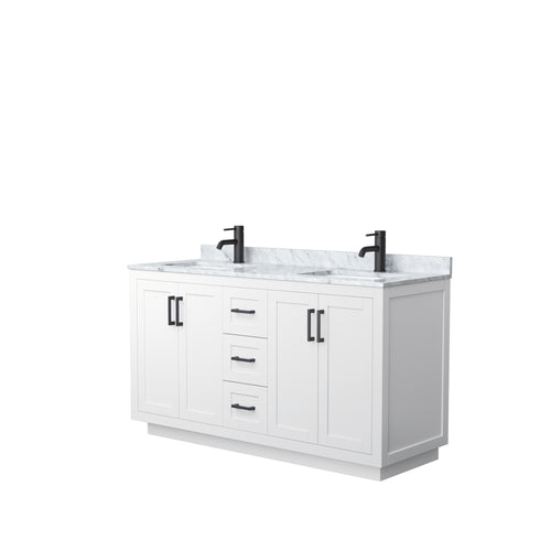 Wyndham Miranda 60 Inch Double Bathroom Vanity in White, White Carrara Marble Countertop, Undermount Square Sinks, Matte Black Trim- Wyndham