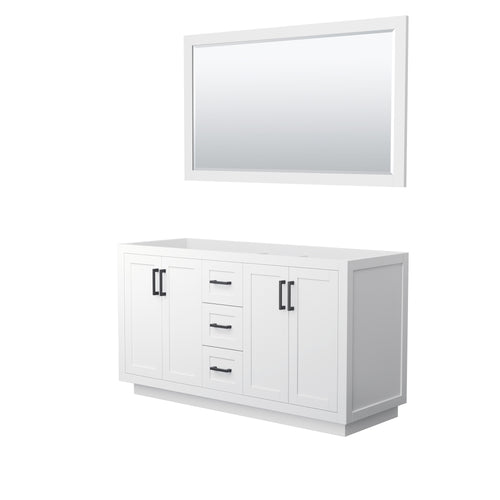 Wyndham Miranda 60 Inch Double Bathroom Vanity in White, No Countertop, No Sink, Matte Black Trim, 58 Inch Mirror- Wyndham