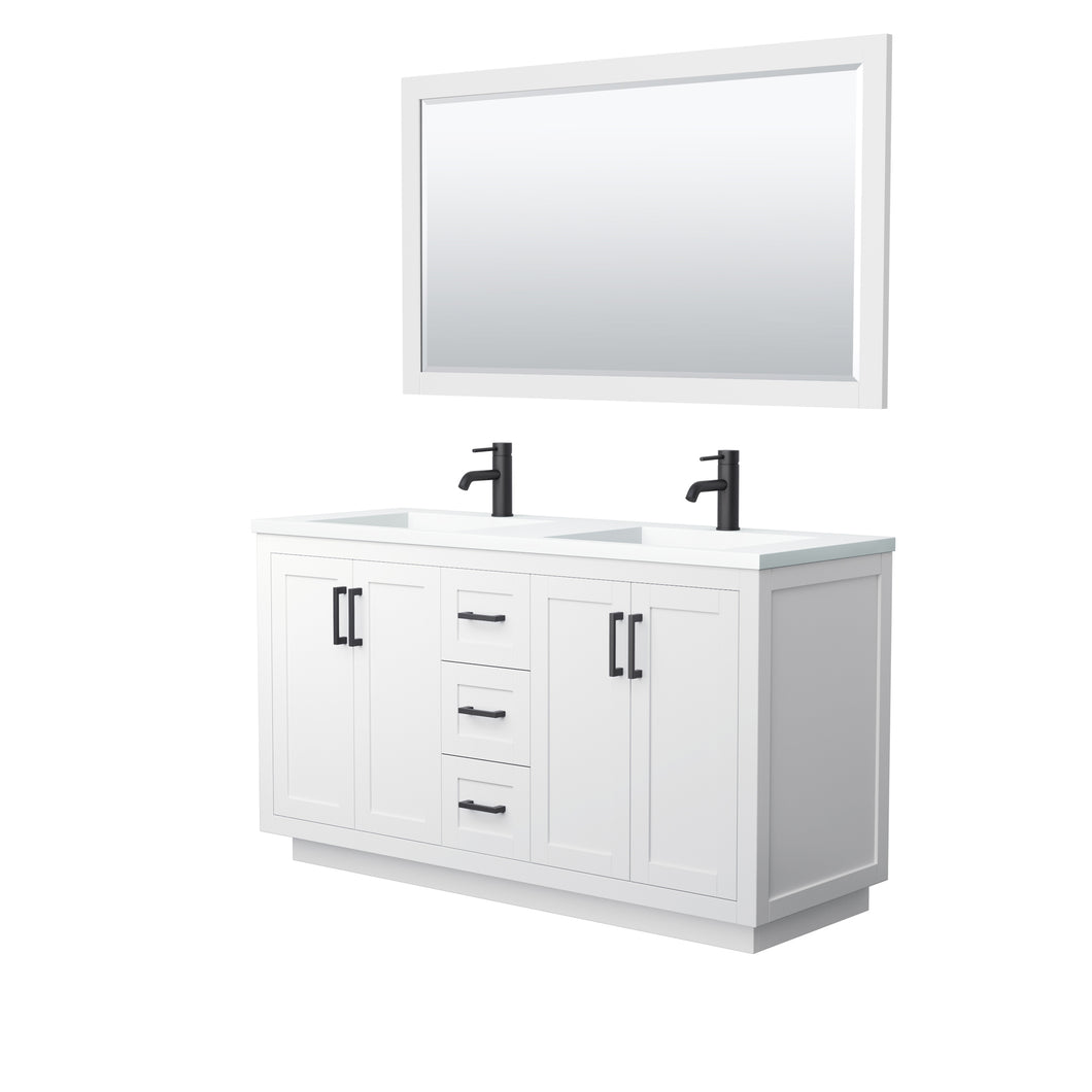 Wyndham Miranda 60 Inch Double Bathroom Vanity in White, 1.25 Inch Thick Matte White Solid Surface Countertop, Integrated Sinks, Matte Black Trim, 58 Inch Mirror- Wyndham