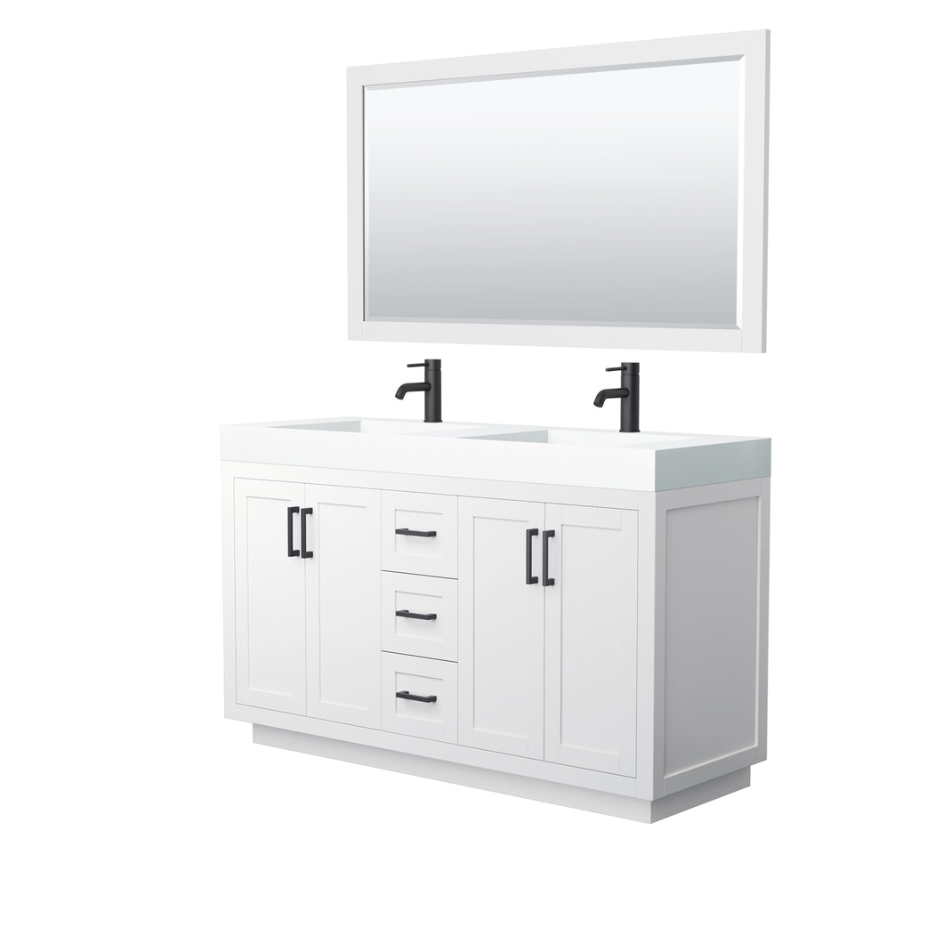 Wyndham Miranda 60 Inch Double Bathroom Vanity in White, 4 Inch Thick Matte White Solid Surface Countertop, Integrated Sinks, Matte Black Trim, 58 Inch Mirror- Wyndham