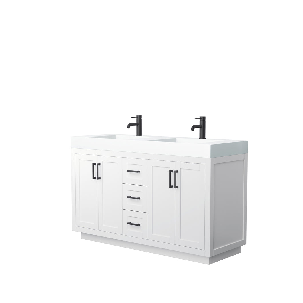 Wyndham Miranda 60 Inch Double Bathroom Vanity in White, 4 Inch Thick Matte White Solid Surface Countertop, Integrated Sinks, Matte Black Trim- Wyndham