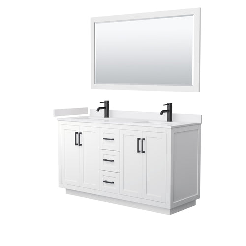 Wyndham Miranda 60 Inch Double Bathroom Vanity in White, White Cultured Marble Countertop, Undermount Square Sinks, Matte Black Trim, 58 Inch Mirror- Wyndham
