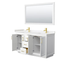 Load image into Gallery viewer, Wyndham Miranda 60 Inch Double Bathroom Vanity in White, Light-Vein Carrara Cultured Marble Countertop, Undermount Square Sinks, Brushed Gold Trim, 58 Inch Mirror- Wyndham