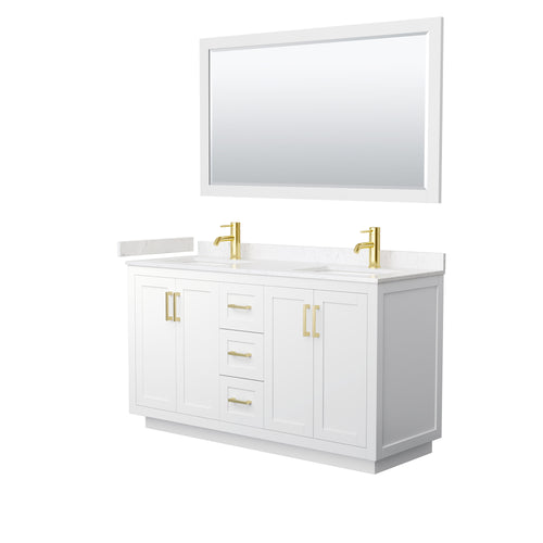 Wyndham Miranda 60 Inch Double Bathroom Vanity in White, Light-Vein Carrara Cultured Marble Countertop, Undermount Square Sinks, Brushed Gold Trim, 58 Inch Mirror- Wyndham
