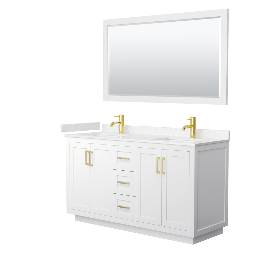 Wyndham Miranda 60 Inch Double Bathroom Vanity in White, Light-Vein Carrara Cultured Marble Countertop, Undermount Square Sinks, Brushed Gold Trim, 58 Inch Mirror- Wyndham