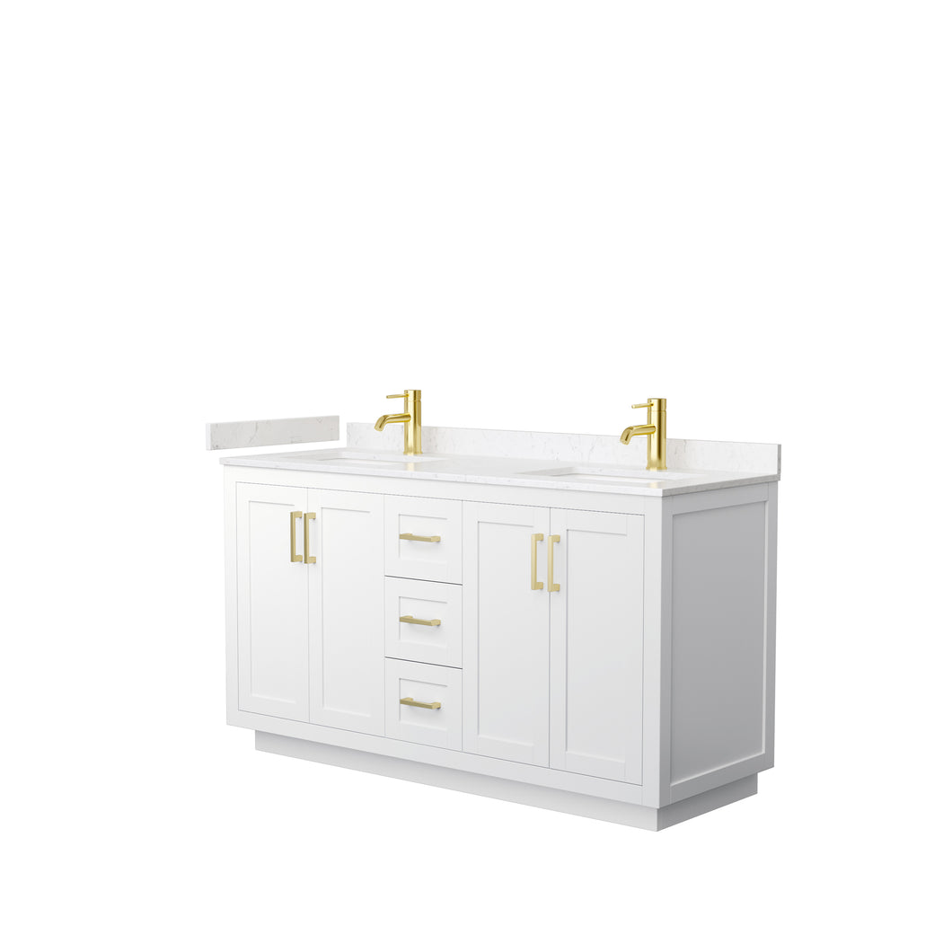 Wyndham Miranda 60 Inch Double Bathroom Vanity in White, Light-Vein Carrara Cultured Marble Countertop, Undermount Square Sinks, Brushed Gold Trim- Wyndham