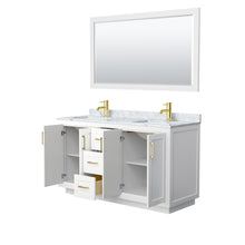 Load image into Gallery viewer, Wyndham Miranda 60 Inch Double Bathroom Vanity in White, White Carrara Marble Countertop, Undermount Square Sinks, Brushed Gold Trim, 58 Inch Mirror- Wyndham