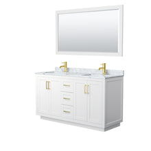 Load image into Gallery viewer, Wyndham Miranda 60 Inch Double Bathroom Vanity in White, White Carrara Marble Countertop, Undermount Square Sinks, Brushed Gold Trim, 58 Inch Mirror- Wyndham