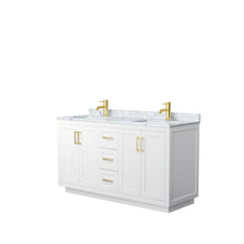 Load image into Gallery viewer, Wyndham Miranda 60 Inch Double Bathroom Vanity in White, White Carrara Marble Countertop, Undermount Square Sinks, Brushed Gold Trim- Wyndham