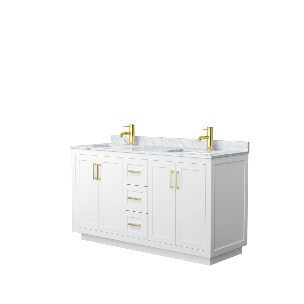 Wyndham Miranda 60 Inch Double Bathroom Vanity in White, White Carrara Marble Countertop, Undermount Square Sinks, Brushed Gold Trim- Wyndham