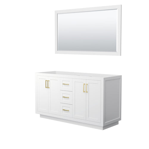 Wyndham Miranda 60 Inch Double Bathroom Vanity in White, No Countertop, No Sink, Brushed Gold Trim, 58 Inch Mirror- Wyndham