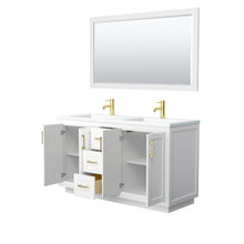 Load image into Gallery viewer, Wyndham Miranda 60 Inch Double Bathroom Vanity in White, 1.25 Inch Thick Matte White Solid Surface Countertop, Integrated Sinks, Brushed Gold Trim, 58 Inch Mirror- Wyndham