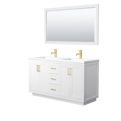 Wyndham Miranda 60 Inch Double Bathroom Vanity in White, 1.25 Inch Thick Matte White Solid Surface Countertop, Integrated Sinks, Brushed Gold Trim, 58 Inch Mirror- Wyndham