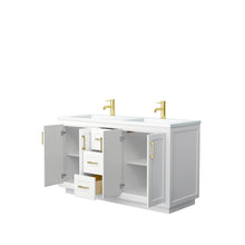 Load image into Gallery viewer, Wyndham Miranda 60 Inch Double Bathroom Vanity in White, 1.25 Inch Thick Matte White Solid Surface Countertop, Integrated Sinks, Brushed Gold Trim- Wyndham