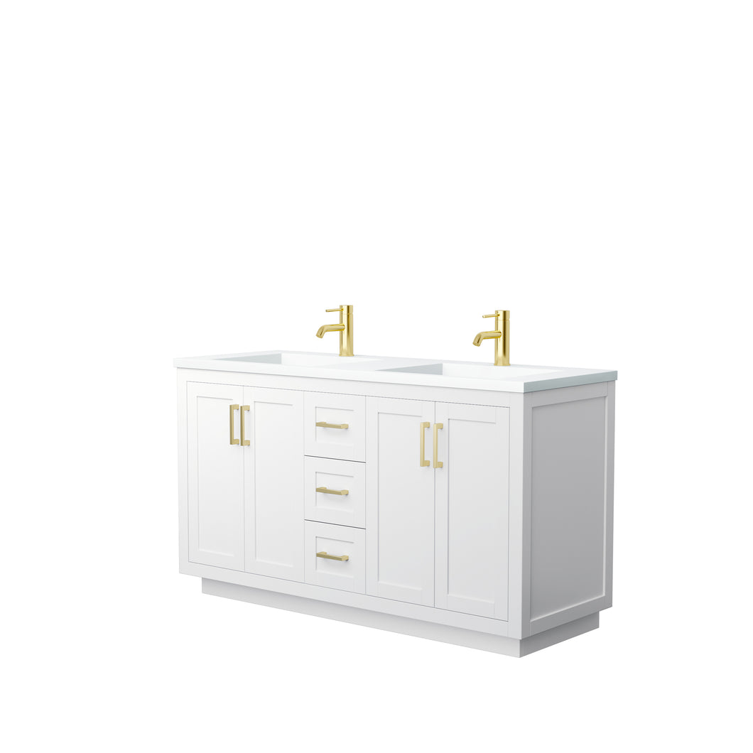 Wyndham Miranda 60 Inch Double Bathroom Vanity in White, 1.25 Inch Thick Matte White Solid Surface Countertop, Integrated Sinks, Brushed Gold Trim- Wyndham