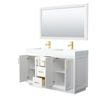Load image into Gallery viewer, Wyndham Miranda 60 Inch Double Bathroom Vanity in White, 4 Inch Thick Matte White Solid Surface Countertop, Integrated Sinks, Brushed Gold Trim, 58 Inch Mirror- Wyndham