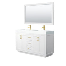Load image into Gallery viewer, Wyndham Miranda 60 Inch Double Bathroom Vanity in White, 4 Inch Thick Matte White Solid Surface Countertop, Integrated Sinks, Brushed Gold Trim, 58 Inch Mirror- Wyndham