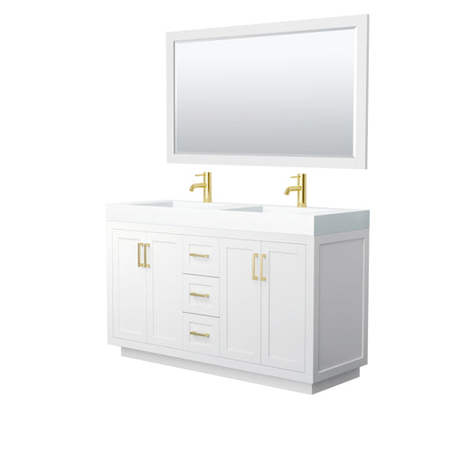 Wyndham Miranda 60 Inch Double Bathroom Vanity in White, 4 Inch Thick Matte White Solid Surface Countertop, Integrated Sinks, Brushed Gold Trim, 58 Inch Mirror- Wyndham
