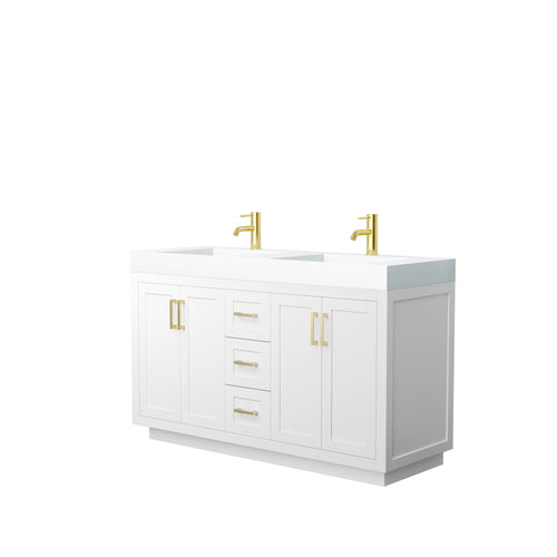 Wyndham Miranda 60 Inch Double Bathroom Vanity in White, 4 Inch Thick Matte White Solid Surface Countertop, Integrated Sinks, Brushed Gold Trim- Wyndham