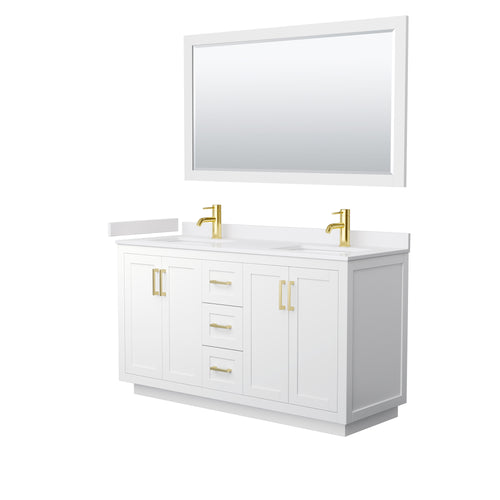 Wyndham Miranda 60 Inch Double Bathroom Vanity in White, White Cultured Marble Countertop, Undermount Square Sinks, Brushed Gold Trim, 58 Inch Mirror- Wyndham