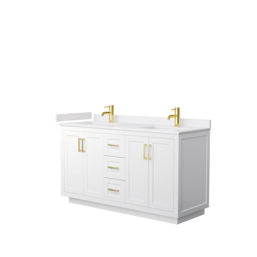 Wyndham Miranda 60 Inch Double Bathroom Vanity in White, White Cultured Marble Countertop, Undermount Square Sinks, Brushed Gold Trim- Wyndham