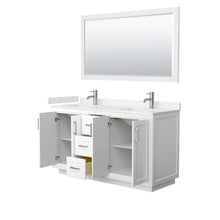 Load image into Gallery viewer, Wyndham Miranda 60 Inch Double Bathroom Vanity in White, Light-Vein Carrara Cultured Marble Countertop, Undermount Square Sinks, Brushed Nickel Trim, 58 Inch Mirror- Wyndham