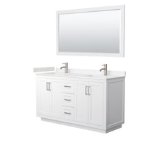 Load image into Gallery viewer, Wyndham Miranda 60 Inch Double Bathroom Vanity in White, Light-Vein Carrara Cultured Marble Countertop, Undermount Square Sinks, Brushed Nickel Trim, 58 Inch Mirror- Wyndham