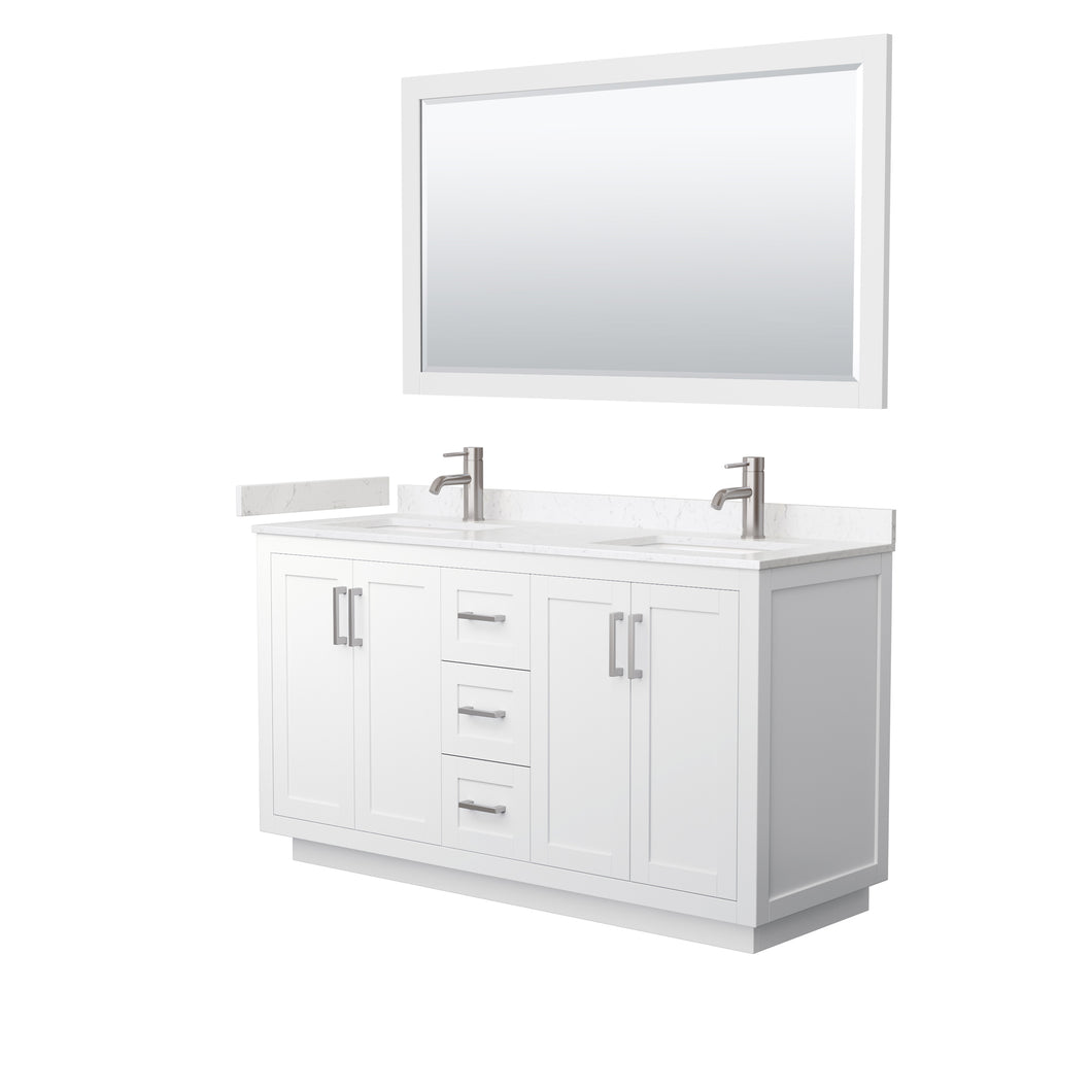 Wyndham Miranda 60 Inch Double Bathroom Vanity in White, Light-Vein Carrara Cultured Marble Countertop, Undermount Square Sinks, Brushed Nickel Trim, 58 Inch Mirror- Wyndham