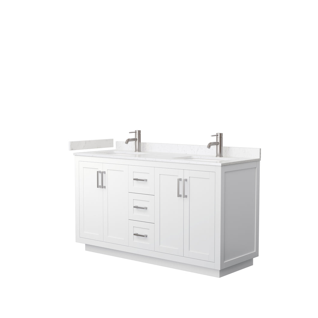 Wyndham Miranda 60 Inch Double Bathroom Vanity in White, Light-Vein Carrara Cultured Marble Countertop, Undermount Square Sinks, Brushed Nickel Trim- Wyndham