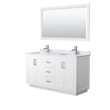 Load image into Gallery viewer, Wyndham Miranda 60 Inch Double Bathroom Vanity in White, White Carrara Marble Countertop, Undermount Square Sinks, Brushed Nickel Trim, 58 Inch Mirror- Wyndham