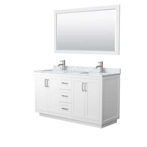 Wyndham Miranda 60 Inch Double Bathroom Vanity in White, White Carrara Marble Countertop, Undermount Square Sinks, Brushed Nickel Trim, 58 Inch Mirror- Wyndham