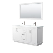 Load image into Gallery viewer, Wyndham Miranda 60 Inch Double Bathroom Vanity in White, 1.25 Inch Thick Matte White Solid Surface Countertop, Integrated Sinks, Brushed Nickel Trim, 58 Inch Mirror- Wyndham