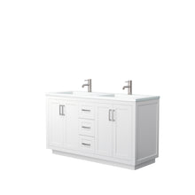 Load image into Gallery viewer, Wyndham Miranda 60 Inch Double Bathroom Vanity in White, 1.25 Inch Thick Matte White Solid Surface Countertop, Integrated Sinks, Brushed Nickel Trim- Wyndham
