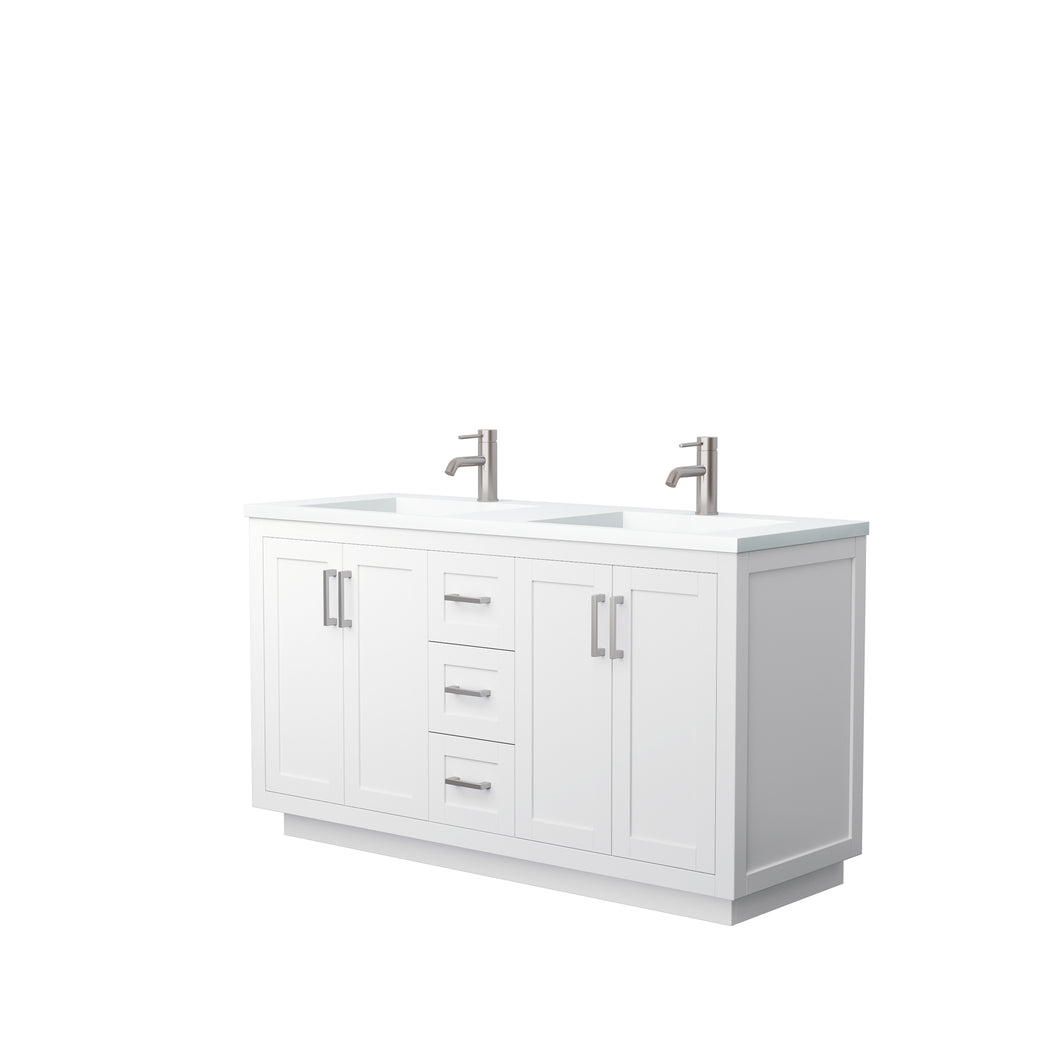 Wyndham Miranda 60 Inch Double Bathroom Vanity in White, 1.25 Inch Thick Matte White Solid Surface Countertop, Integrated Sinks, Brushed Nickel Trim- Wyndham