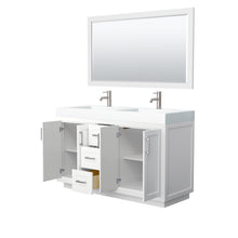 Load image into Gallery viewer, Wyndham Miranda 60 Inch Double Bathroom Vanity in White, 4 Inch Thick Matte White Solid Surface Countertop, Integrated Sinks, Brushed Nickel Trim, 58 Inch Mirror- Wyndham