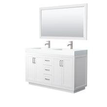 Load image into Gallery viewer, Wyndham Miranda 60 Inch Double Bathroom Vanity in White, 4 Inch Thick Matte White Solid Surface Countertop, Integrated Sinks, Brushed Nickel Trim, 58 Inch Mirror- Wyndham