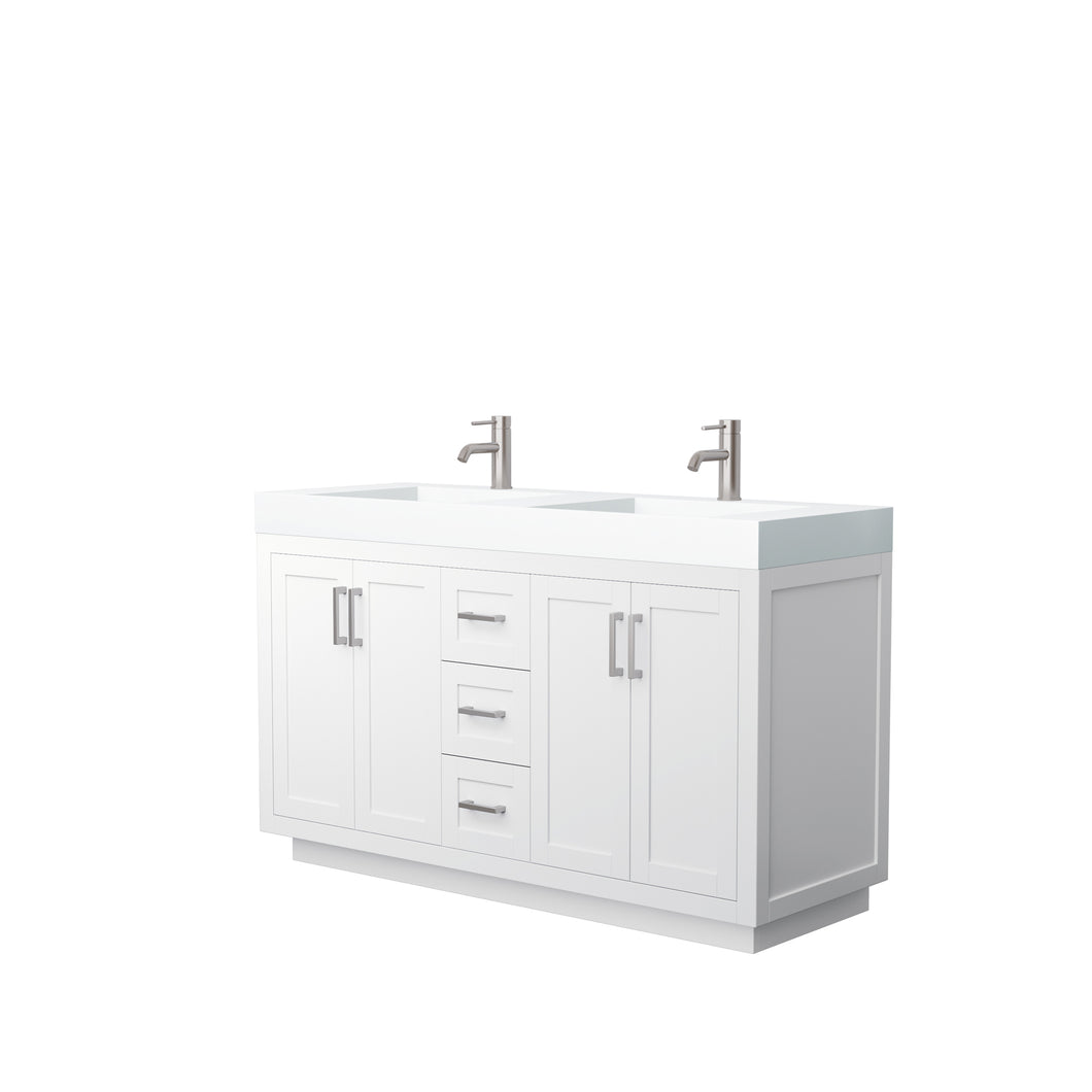 Wyndham Miranda 60 Inch Double Bathroom Vanity in White, 4 Inch Thick Matte White Solid Surface Countertop, Integrated Sinks, Brushed Nickel Trim- Wyndham