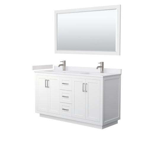 Wyndham Miranda 60 Inch Double Bathroom Vanity in White, White Cultured Marble Countertop, Undermount Square Sinks, Brushed Nickel Trim, 58 Inch Mirror- Wyndham