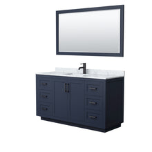 Load image into Gallery viewer, Wyndham Miranda 60 Inch Single Bathroom Vanity in Dark Blue, White Carrara Marble Countertop, Undermount Square Sink, Matte Black Trim, 58 Inch Mirror- Wyndham
