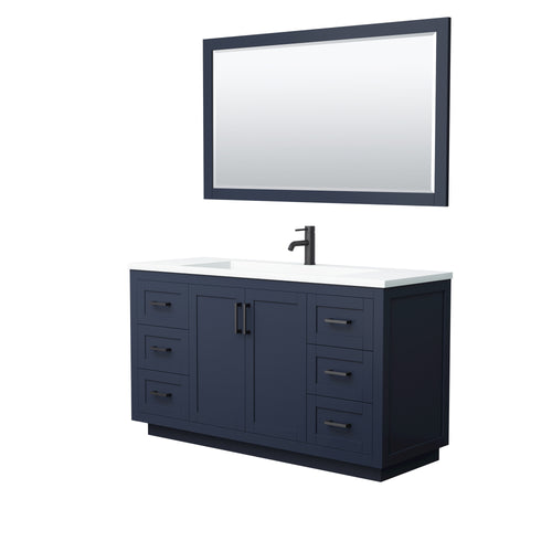 Wyndham Miranda 60 Inch Single Bathroom Vanity in Dark Blue, 1.25 Inch Thick Matte White Solid Surface Countertop, Integrated Sink, Matte Black Trim, 58 Inch Mirror- Wyndham