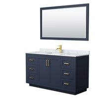 Load image into Gallery viewer, Wyndham Miranda 60 Inch Single Bathroom Vanity in Dark Blue, White Carrara Marble Countertop, Undermount Square Sink, Brushed Gold Trim, 58 Inch Mirror- Wyndham