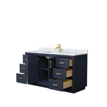 Load image into Gallery viewer, Wyndham Miranda 60 Inch Single Bathroom Vanity in Dark Blue, White Carrara Marble Countertop, Undermount Square Sink, Brushed Gold Trim- Wyndham