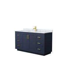 Load image into Gallery viewer, Wyndham Miranda 60 Inch Single Bathroom Vanity in Dark Blue, White Carrara Marble Countertop, Undermount Square Sink, Brushed Gold Trim- Wyndham