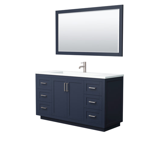 Wyndham Miranda 60 Inch Single Bathroom Vanity in Dark Blue, 1.25 Inch Thick Matte White Solid Surface Countertop, Integrated Sink, Brushed Nickel Trim, 58 Inch Mirror- Wyndham