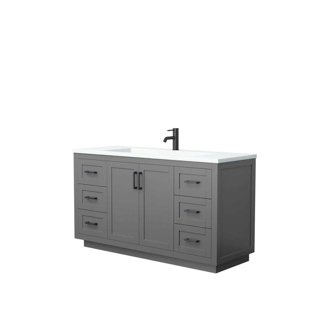 Wyndham Miranda 60 Inch Single Bathroom Vanity in Dark Gray, 1.25 Inch Thick Matte White Solid Surface Countertop, Integrated Sink, Matte Black Trim- Wyndham